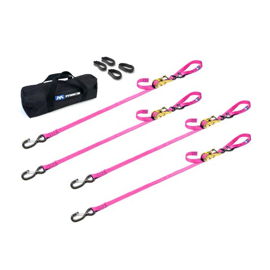 510439 1 x 10 Motorcycle Ratchet Tie-Down Pack with Integrated Soft Loops S-Hooks  Keepers - Pink